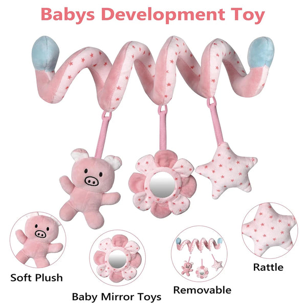 Pink plush baby development toys featuring a wavy hanging toy, mirror toys, and a rattle.