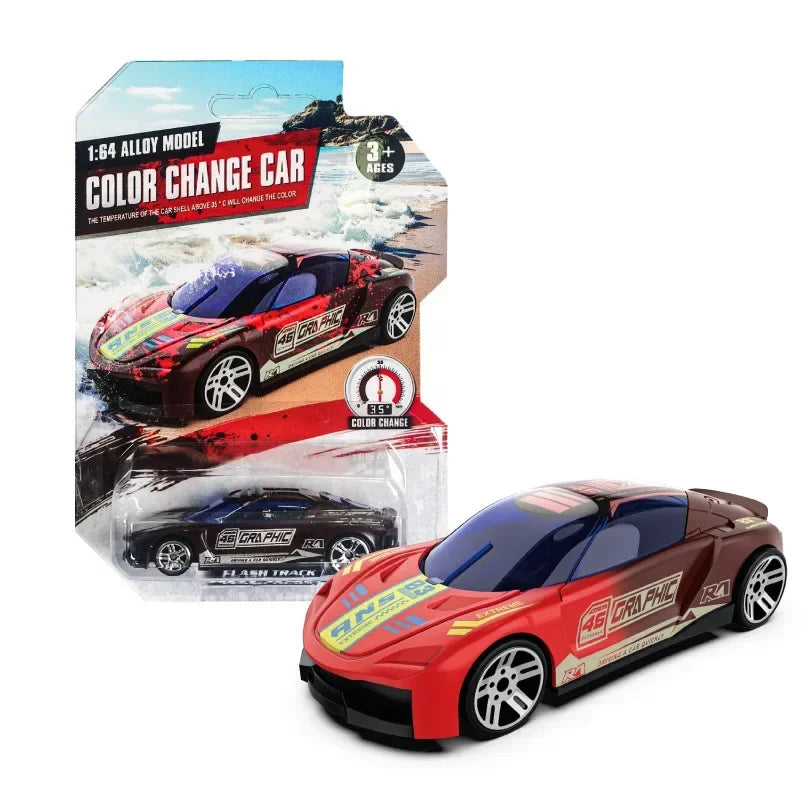 A red and black color changing pull-back racing car model in its packaging.