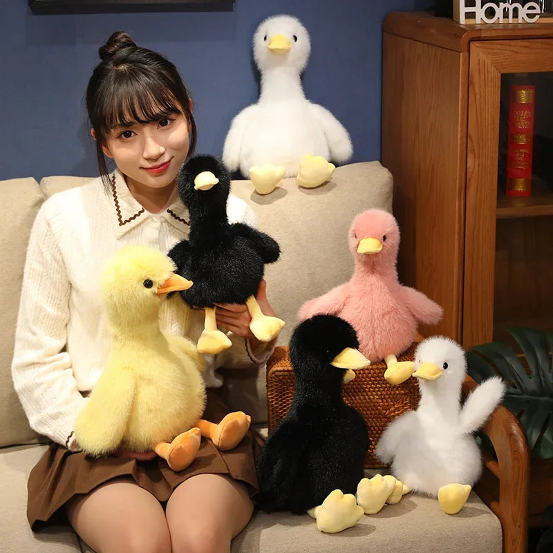 A young woman is sitting on a couch surrounded by various realistic call duck plush toys in white, black, and yellow colors.