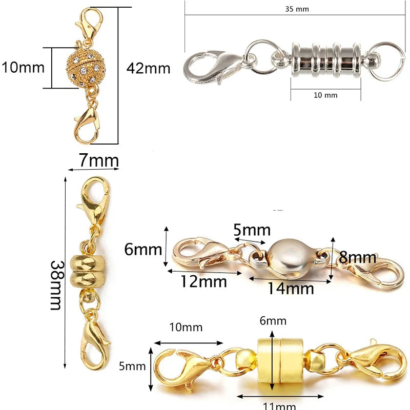 A set of silver and gold magnetic clasps and connectors for jewelry making.