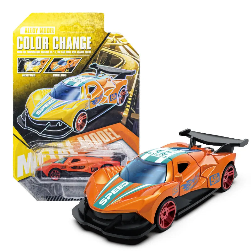 An orange and yellow pull-back racing car model with a color change feature is shown next to its packaging.