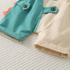 A two-piece outfit set for kids featuring a teal shirt and beige pants.