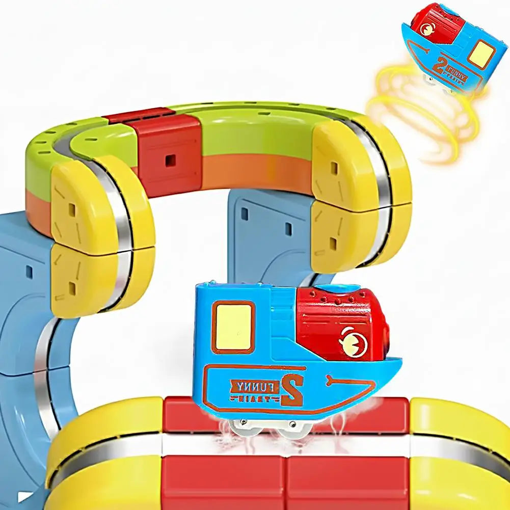 A colorful magnetic train engine set with various colored track pieces and a red engine component.