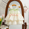 A white, sleeveless pleated princess dress for a baby girl with green ribbon details displayed in a wooden mirror frame.