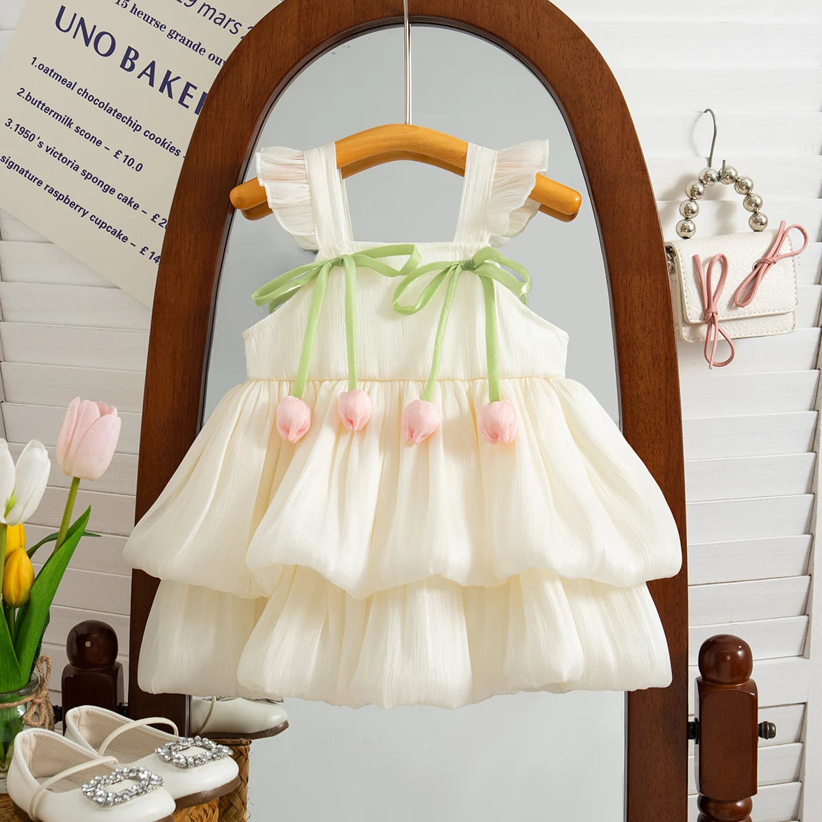 A white, sleeveless pleated princess dress for a baby girl with green ribbon details displayed in a wooden mirror frame.
