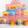 A collection of squishy dessert toys featuring cute animal and food characters in various colors and shapes.