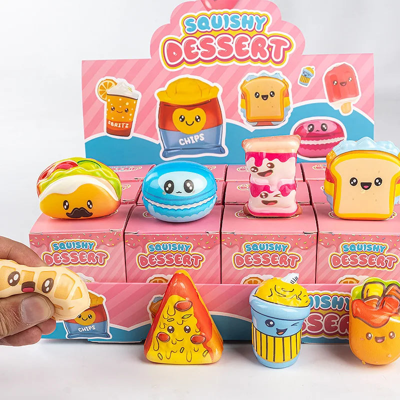 A collection of squishy dessert toys featuring cute animal and food characters in various colors and shapes.