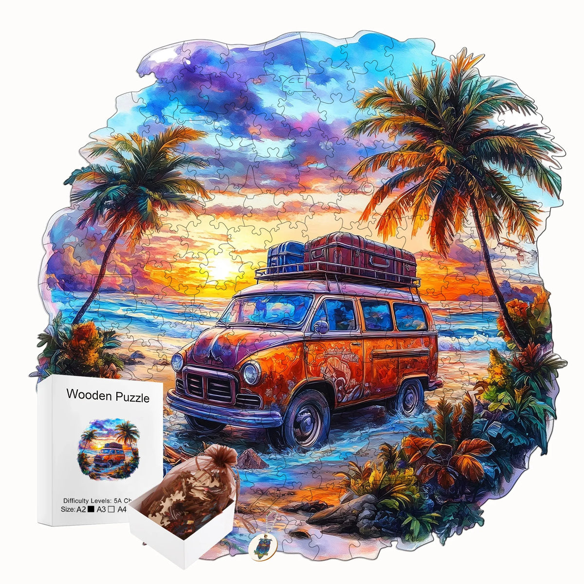 An artistic wooden jigsaw puzzle depicting a sunset scene with palm trees and a vintage orange SUV.