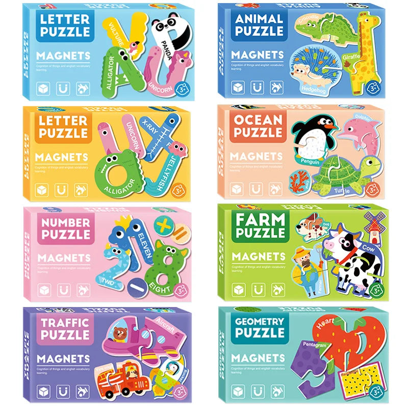 A set of Montessori magnetic letter, number, and animal puzzles for children.