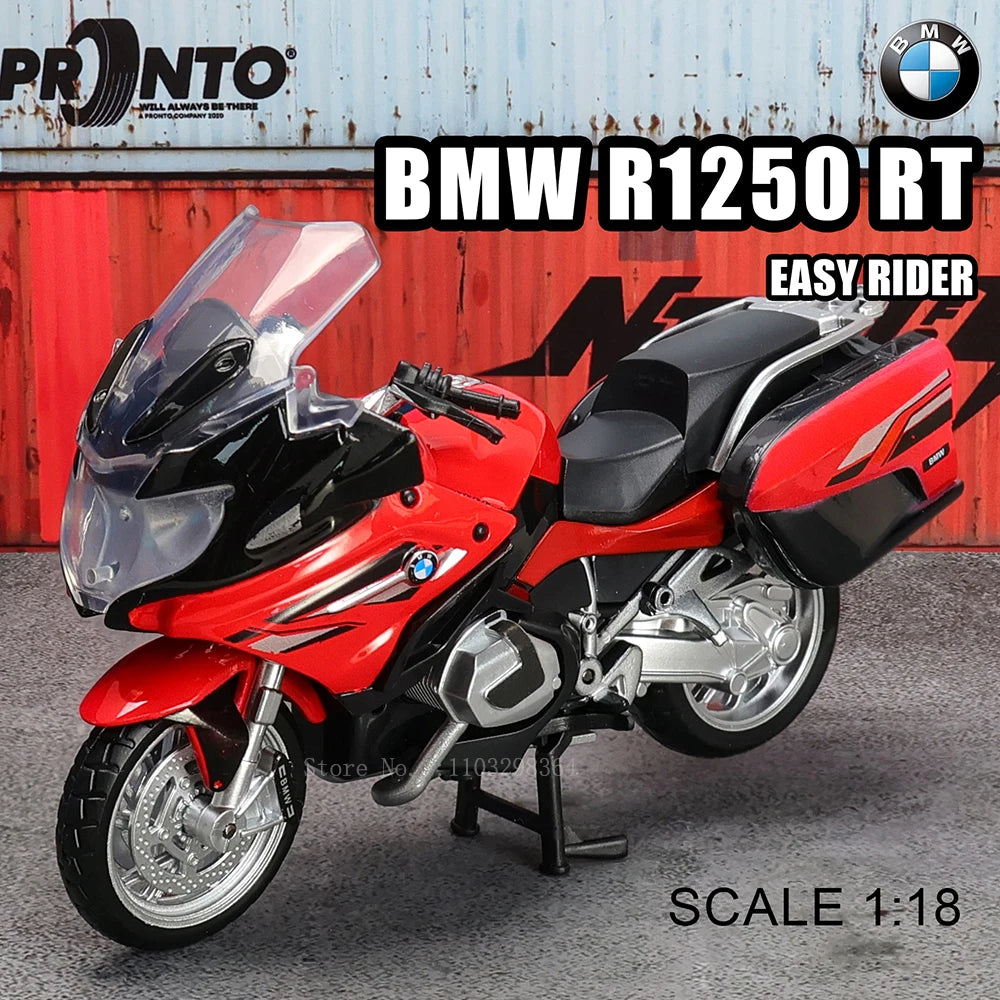 A red BMW R1250 RT motorcycle model in 1:18 scale, shown against a gray background.