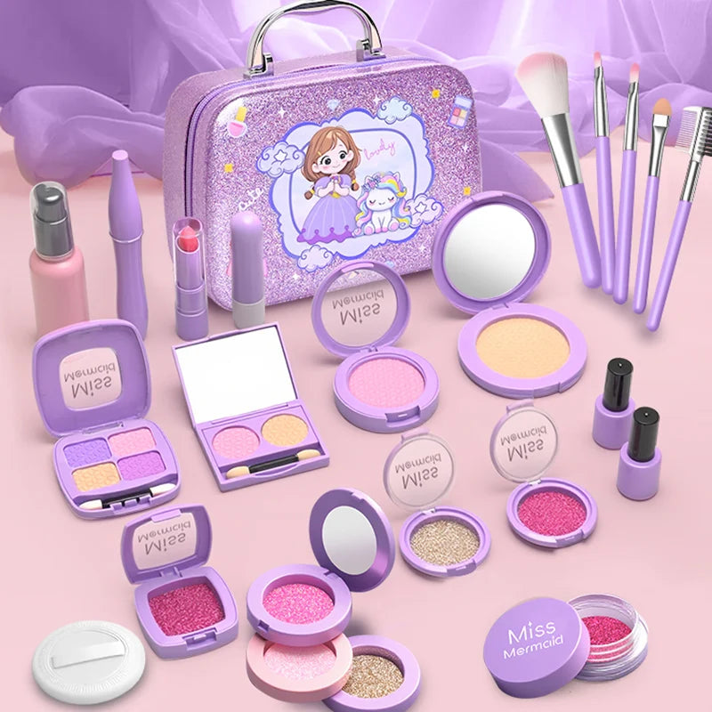 A purple kids pretend makeup set featuring various cosmetic tools and palettes for play.