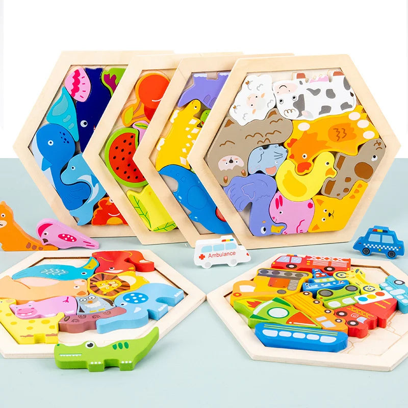 A set of wooden 3D jigsaw puzzles featuring various animal figures and colorful shapes.