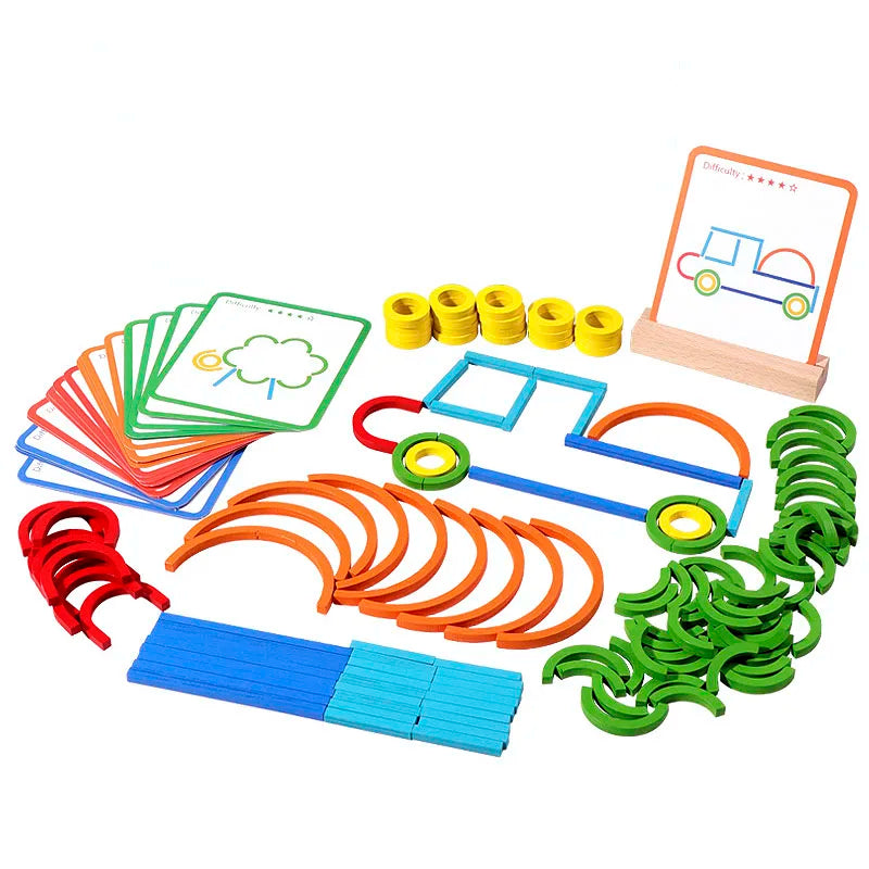 A collection of wooden creative sticks, rings, and puzzle pieces in various colors like yellow, orange, blue, and green.