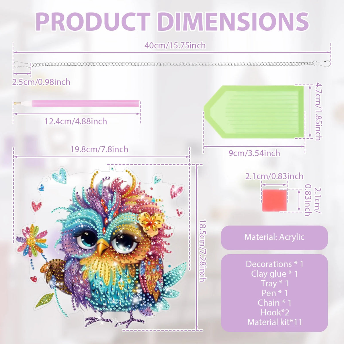 A detailed illustration of a colorful, bird-shaped acrylic pendant craft kit with various components.