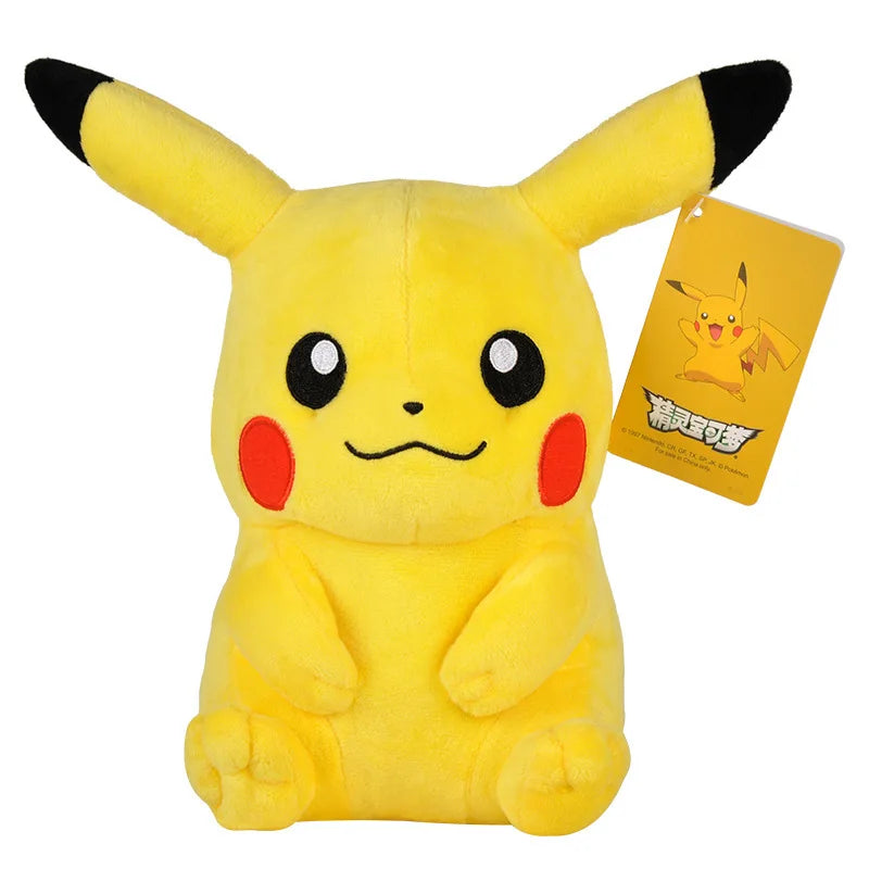 A yellow plush doll of Pikachu with black tips on its ears and cheeks, standing upright.