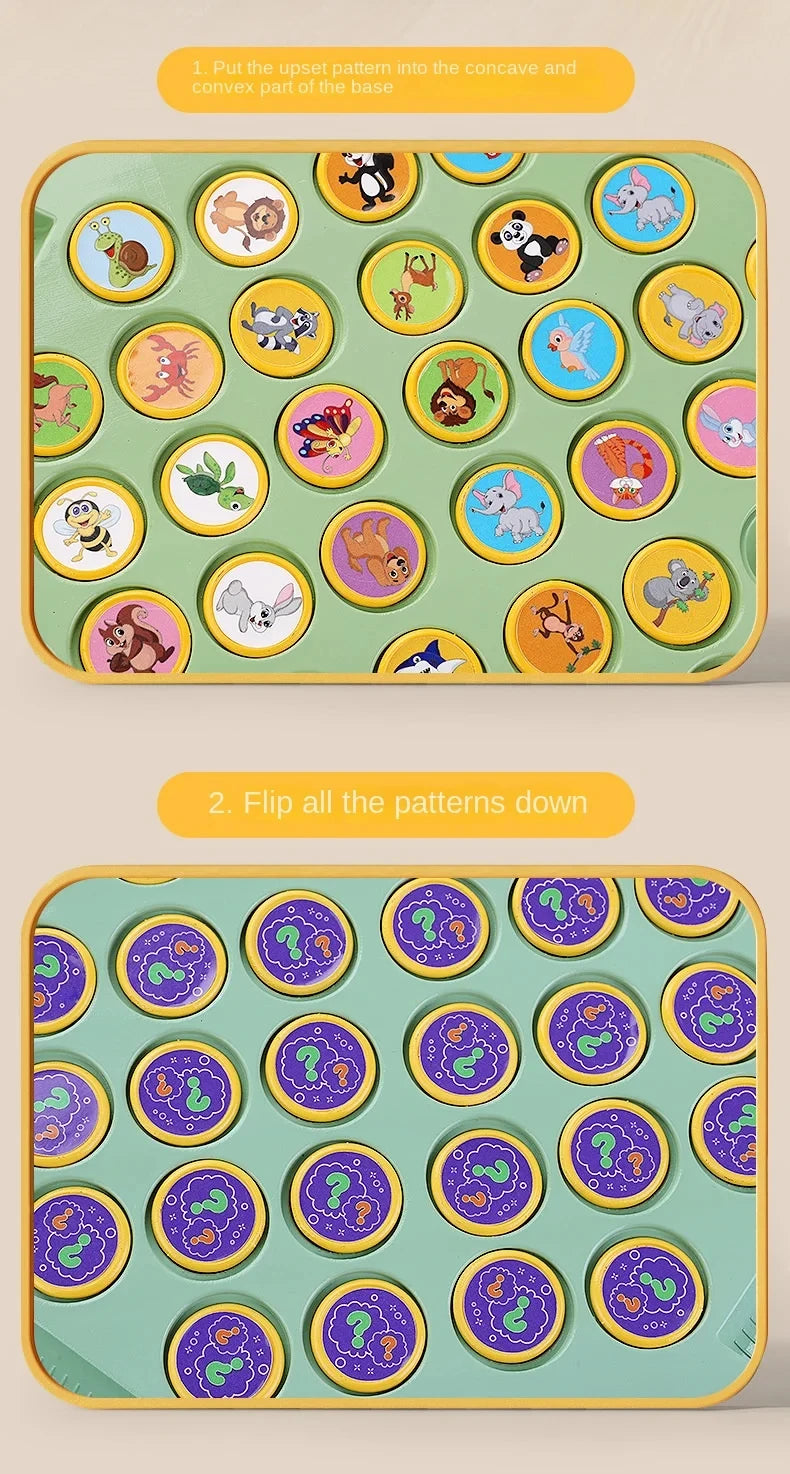 A game board with animal patterns on the concave and convex parts, showing how to flip the patterns down.