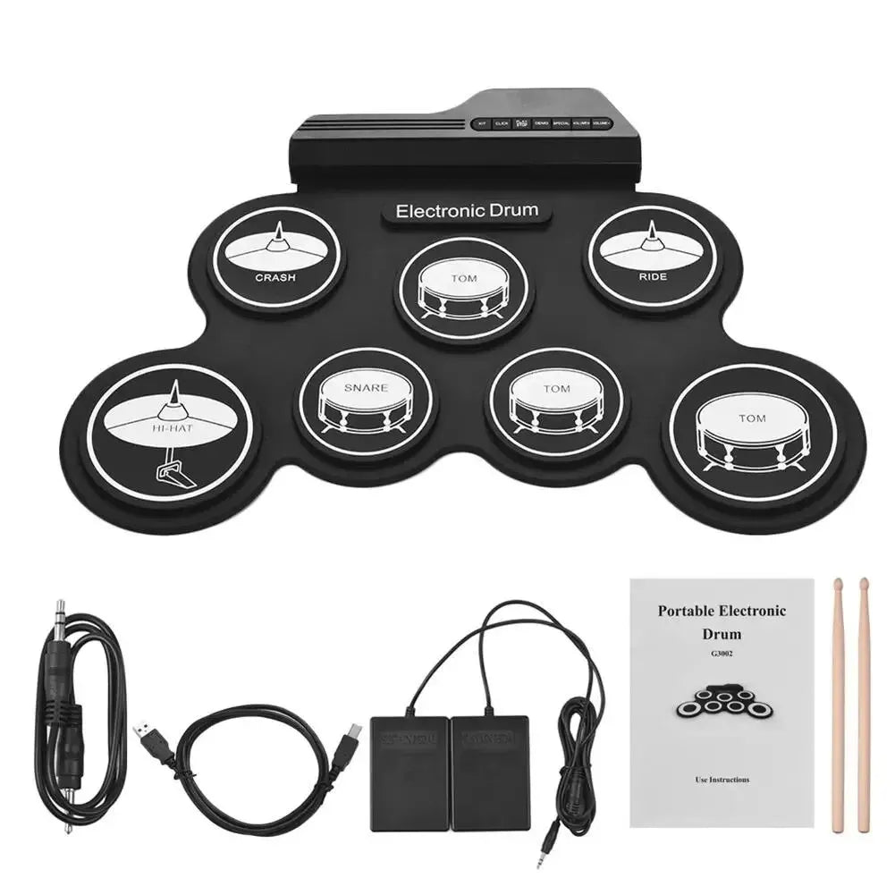 Foldable Silicone Electronic Drum Pad with Drumsticks and Sustain Pedals