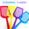 A set of four colorful fly swatters in red, yellow, purple, and blue for a kids' learning toy.