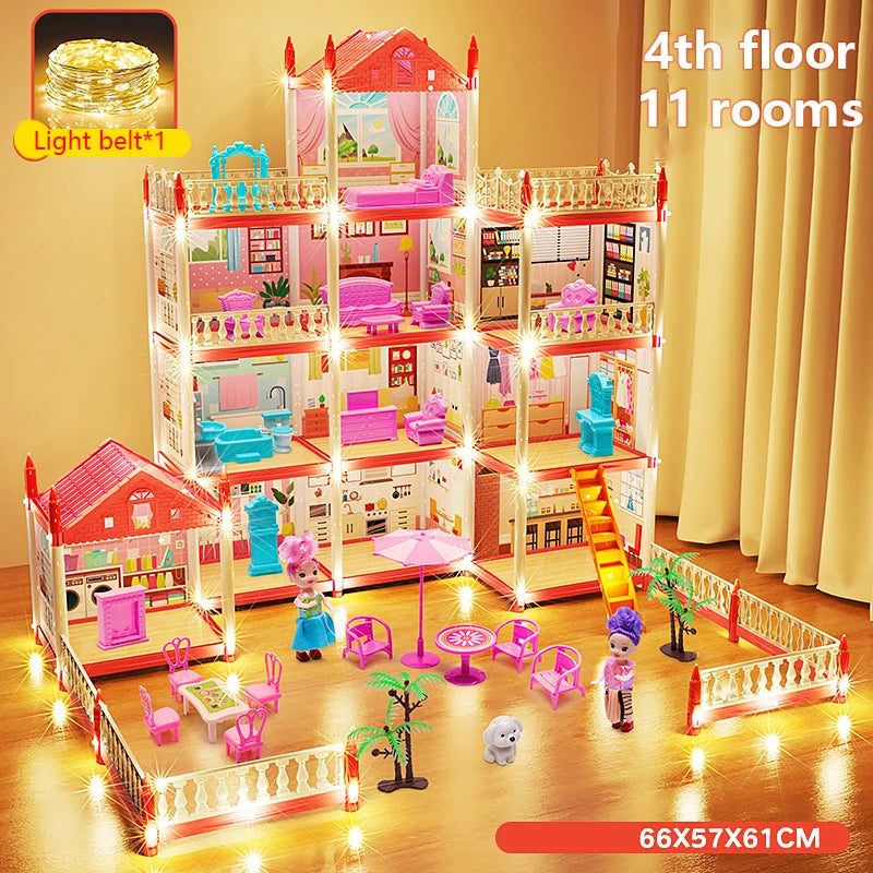 A large, multi-story pink and red miniature castle and villa playset with interior rooms and furniture.