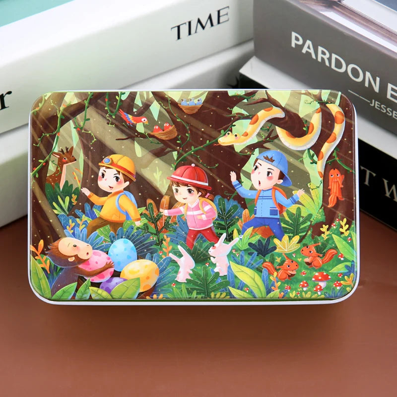 A jigsaw puzzle featuring various wooden animals and vehicles in a forest setting for children.