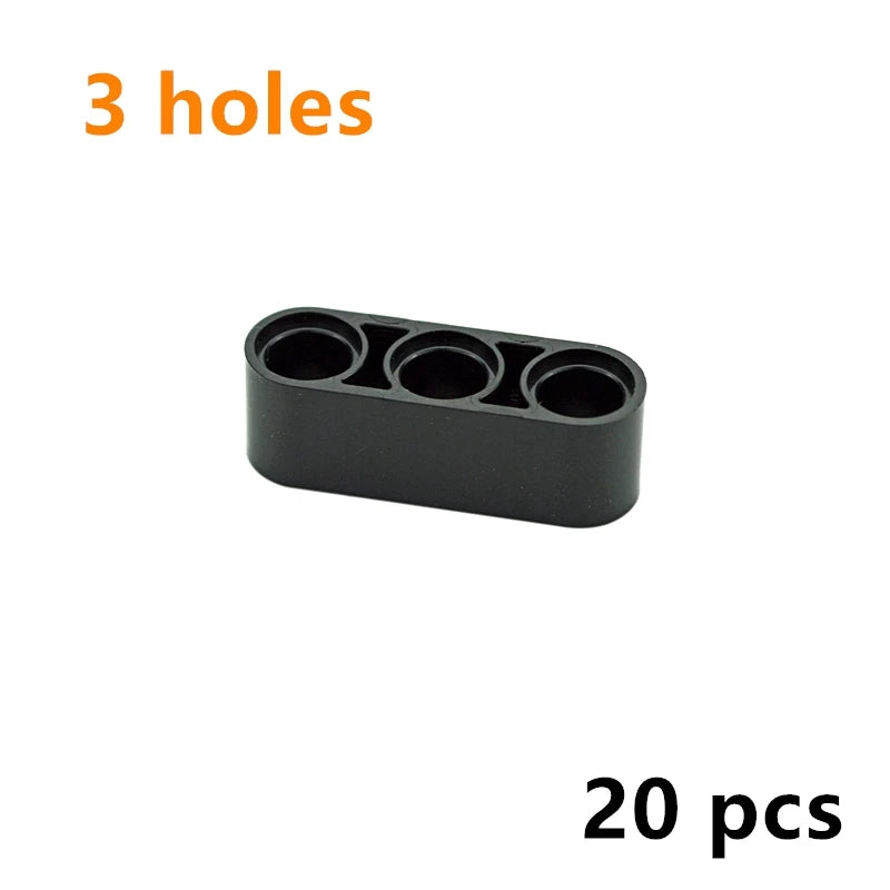 A black Technic liftarm beam with three holes, sold as a 20-piece set of building blocks.