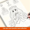Line art drawing book showing a detailed anime girl character outline for tracing and practice