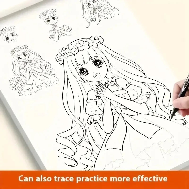 Line art drawing book showing a detailed anime girl character outline for tracing and practice