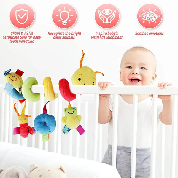 Hanging musical rattles for baby crib and stroller featuring bright colors and engaging designs.