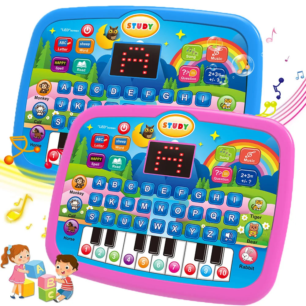 Tablette éducative interactive rose et bleu avec clavier pour apprendre lettres et chiffres.