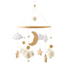 Wooden felt forest animal crib mobile featuring clouds, a crescent moon, and various stuffed animals hanging from thin string