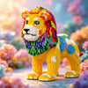 A yellow lion figure made of micro building blocks with colorful mane and features, set against a blurred background.