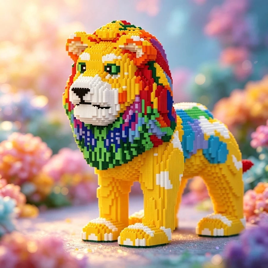 A yellow lion figure made of micro building blocks with colorful mane and features, set against a blurred background.