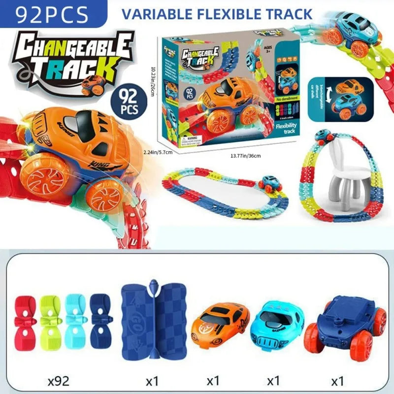 A set of 92 pieces of flexible track and cars for a kids anti-gravity race car track