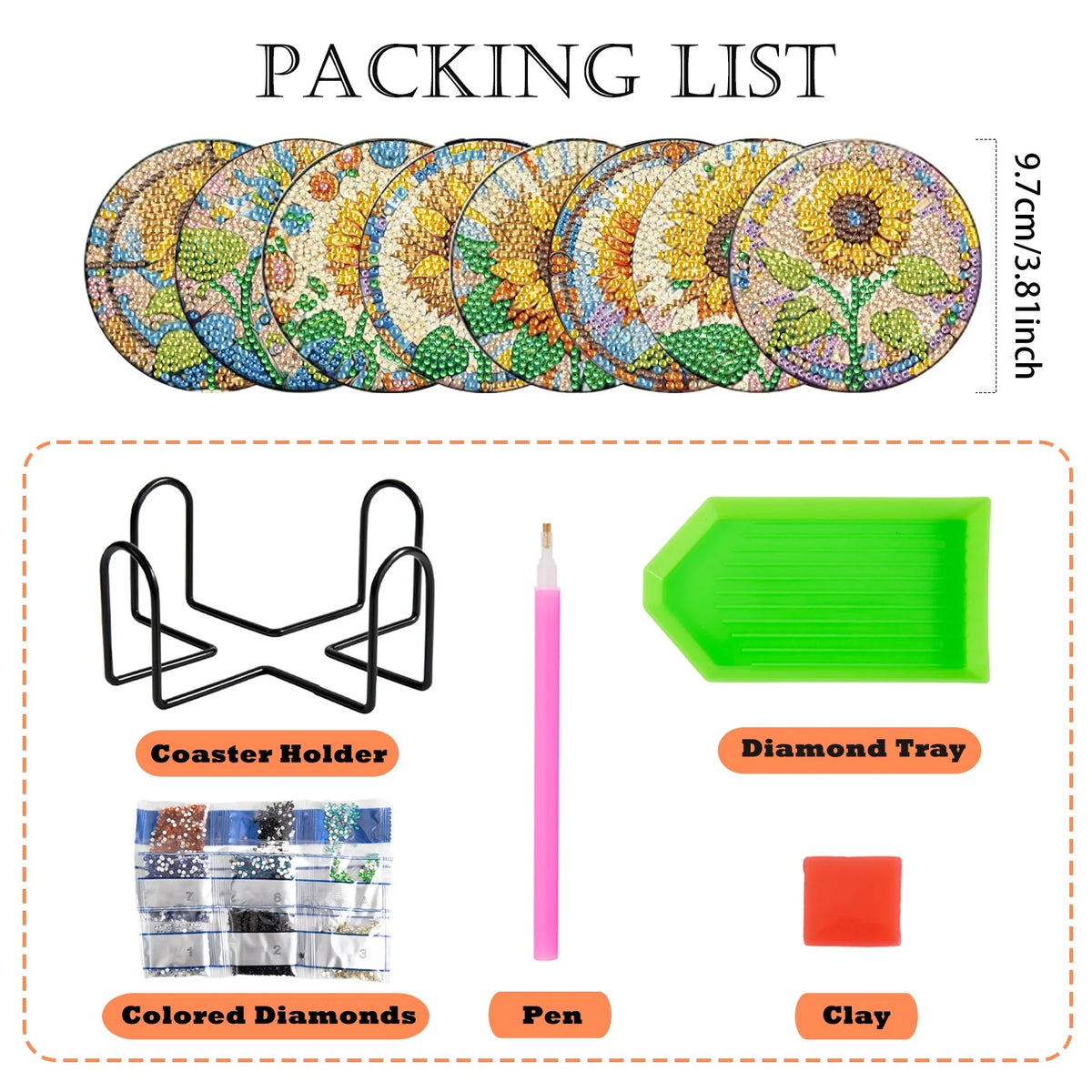 A packing list showing a floral diamond painting coaster set including colored diamonds, a pen, and clay.