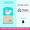 A light blue waterproof labeling stamp with a custom name design and a beige base.