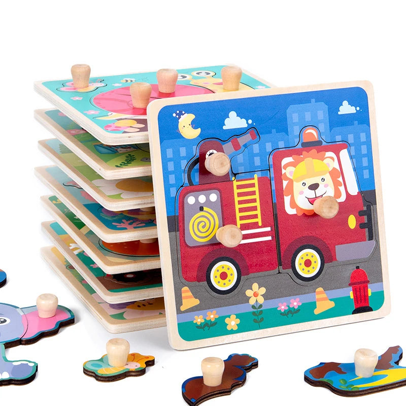 A collection of wooden Montessori puzzles featuring colorful alphabet, number, and shape matching pieces for toddlers.