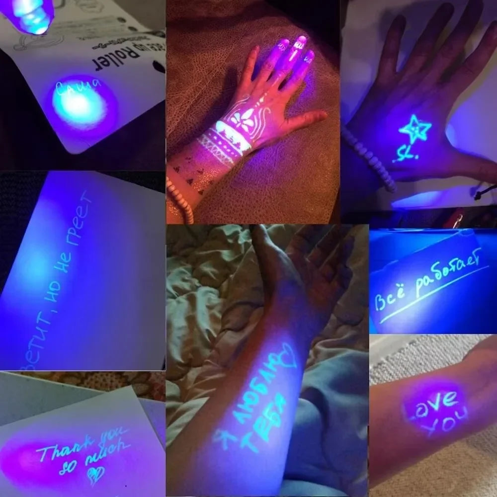 A collection of invisible ink messages written on paper and skin using a UV light, showing various secret notes.