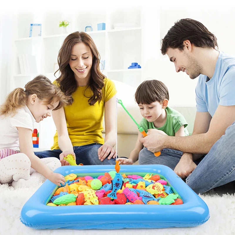 A family is playing an inflatable pool magnetic fishing game set with colorful fish and toys.