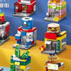 A collection of miniature city shop building blocks featuring various storefronts and buildings in red, yellow, blue, and gre