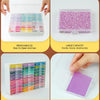 A transparent plastic tray holds 30 small colored diamonds for painting, demonstrating removable lids and smooth sliding.