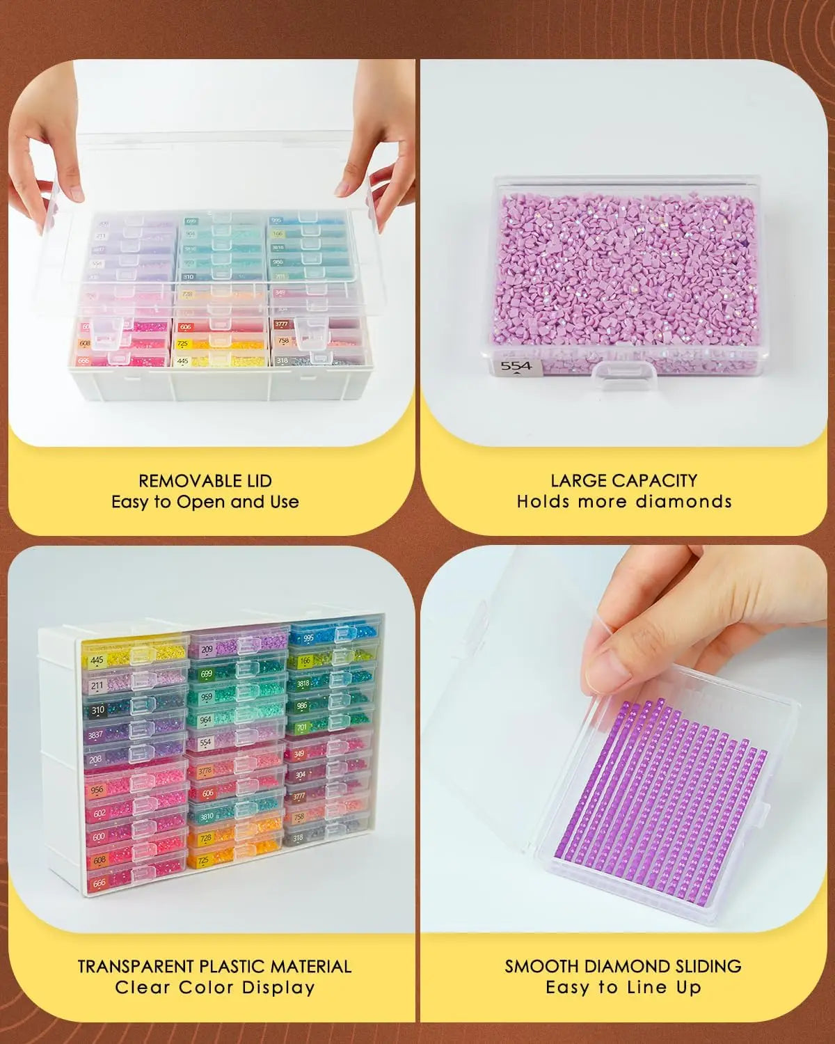 A transparent plastic tray holds 30 small colored diamonds for painting, demonstrating removable lids and smooth sliding.