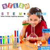 A girl is performing a science experiment using a glass tube and colorful liquids in a laboratory setting.