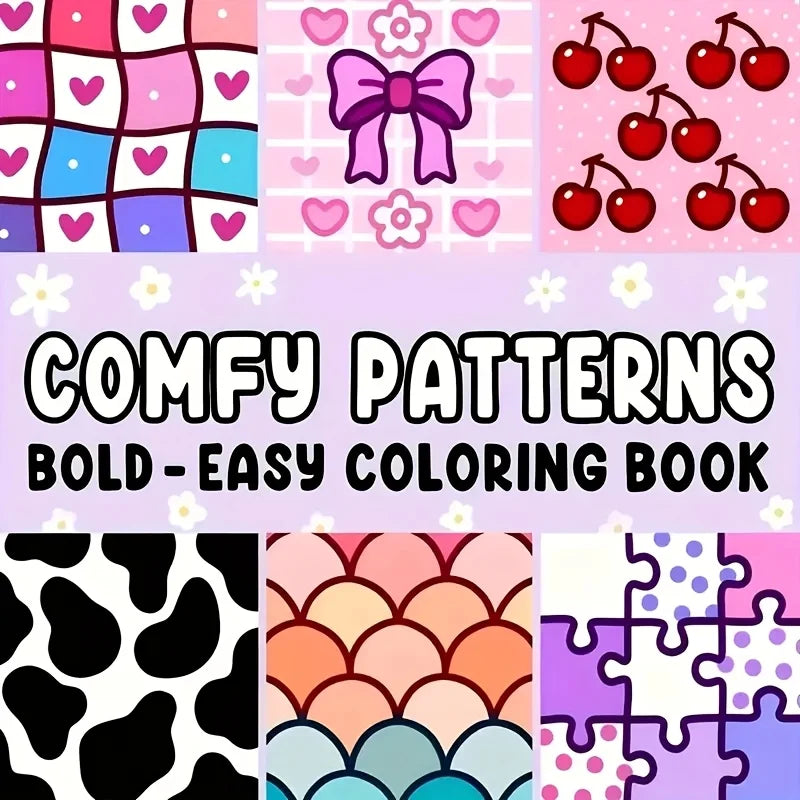 A colorful coloring book featuring bold patterns and cute designs for adults.