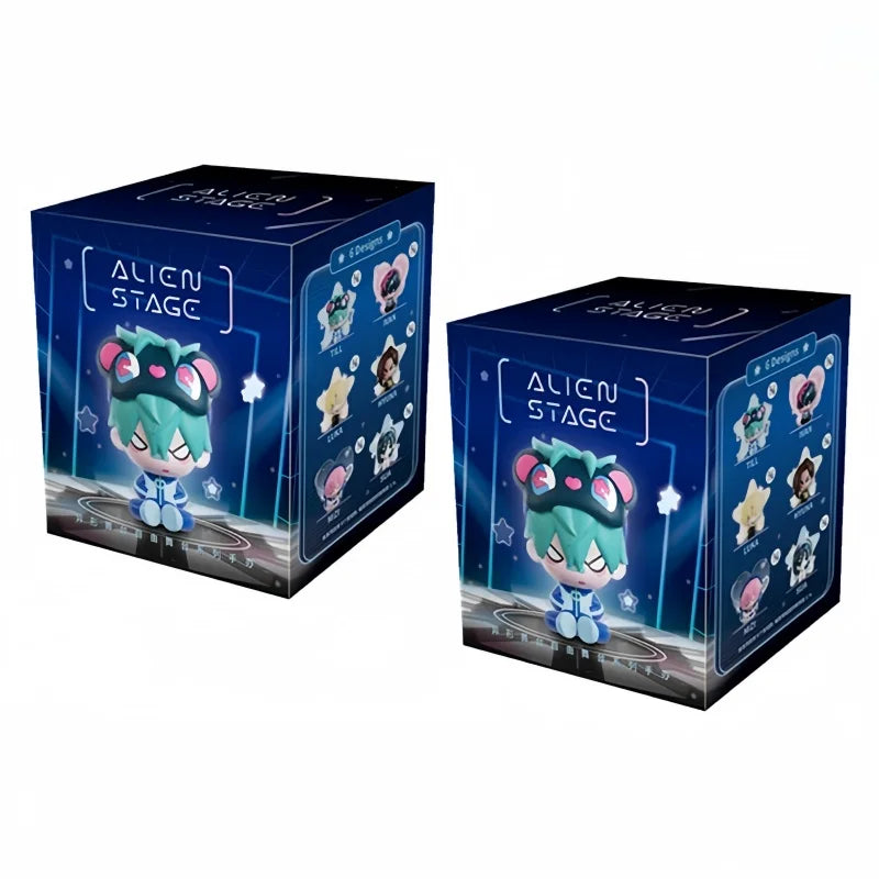 A box of Alien Stage blind box featuring a cute, stylized figure with green hair and blue accents.