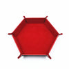 A red hexagonal folding PU leather dice tray with a silver edge.
