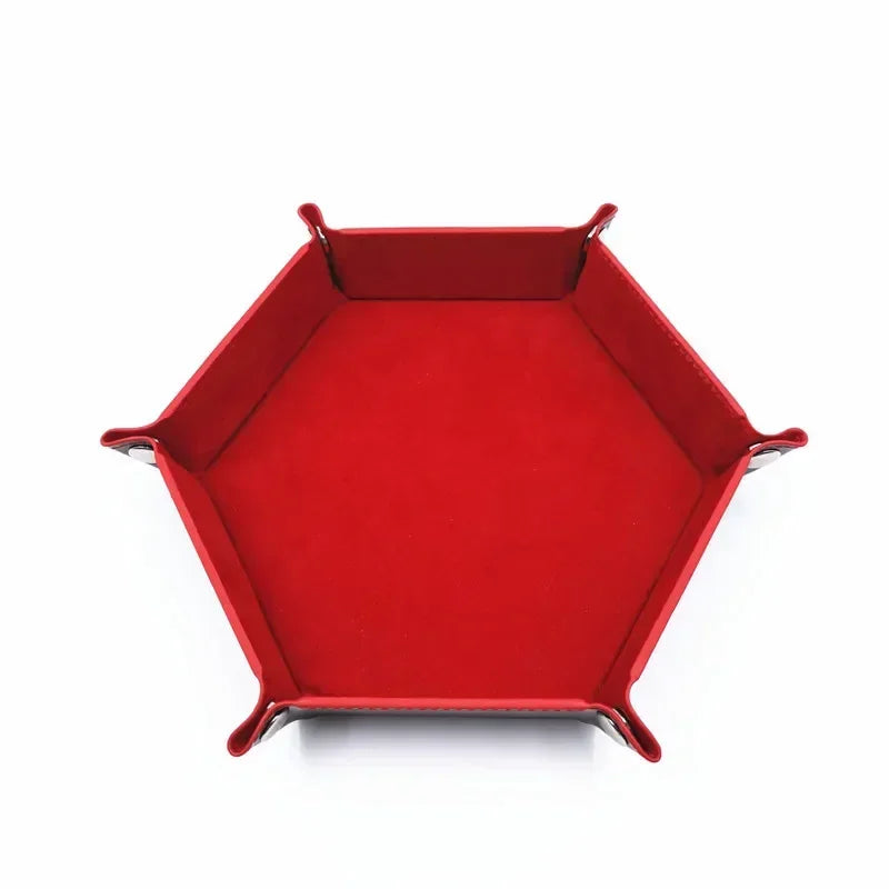 A red hexagonal folding PU leather dice tray with a silver edge.