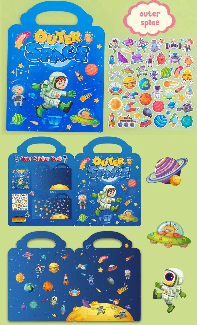 A set of reusable cartoon stickers and a sticker book featuring outer space themes for kids