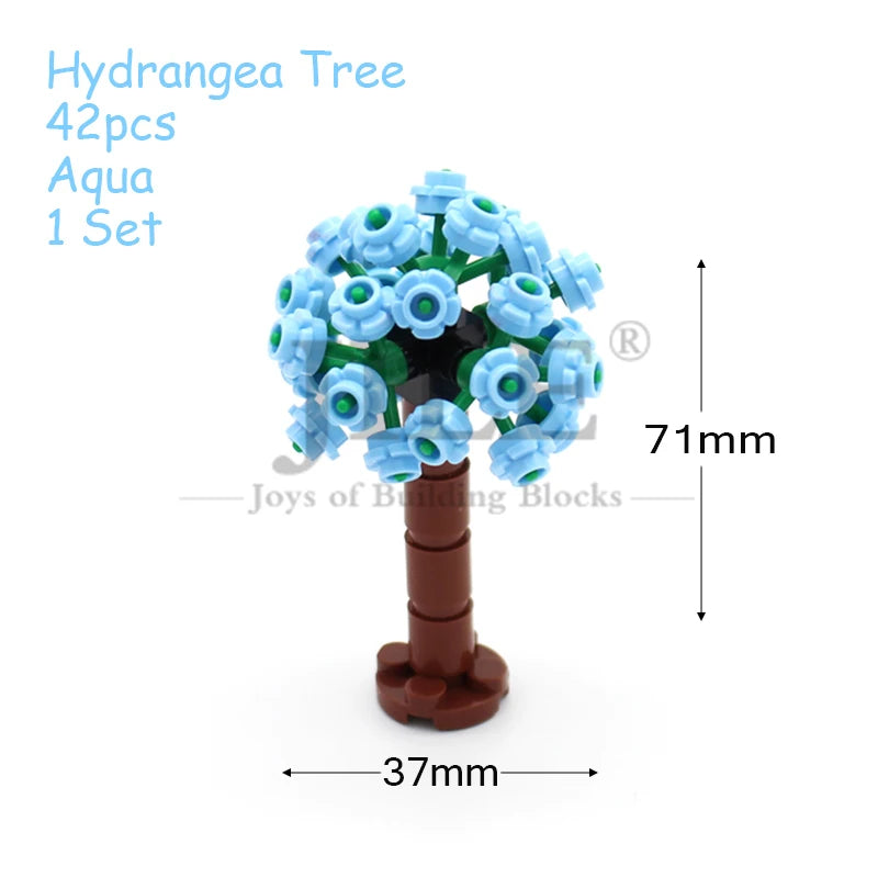 A set of 42 hydrangea tree building blocks in blue and green, featuring a trunk and blossoms.