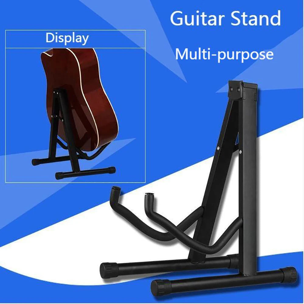 A black foldable metal guitar stand designed for multi-purpose use, shown next to an acoustic guitar.
