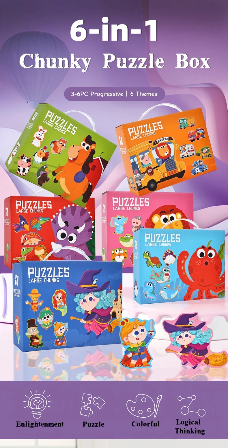 A box of a 6-in-1 Chunky Puzzle Box featuring various themed puzzles like animals and fairy tales for children.